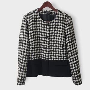Talbots Sz 18 Houndstooth Black White Check Tweed Collarless Blazer Jacket